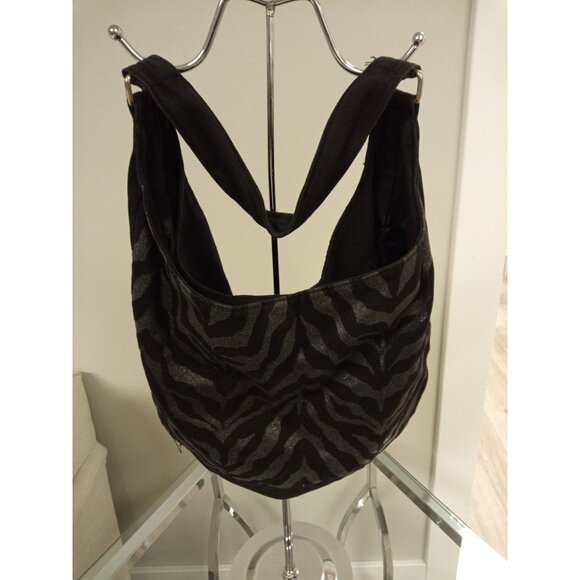 Women's Black and Gray Zebra Print Half Crescent Shoulder Bag - Picture 1 of 6